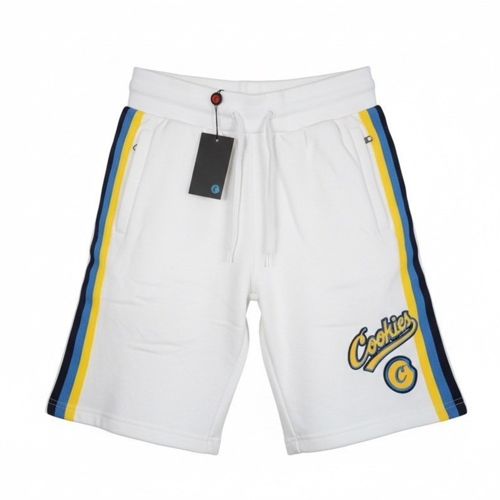 Cookies‎ SF Mens White Fleece Sweat Shorts Blue Yellow Stripe Embroidered Logo M